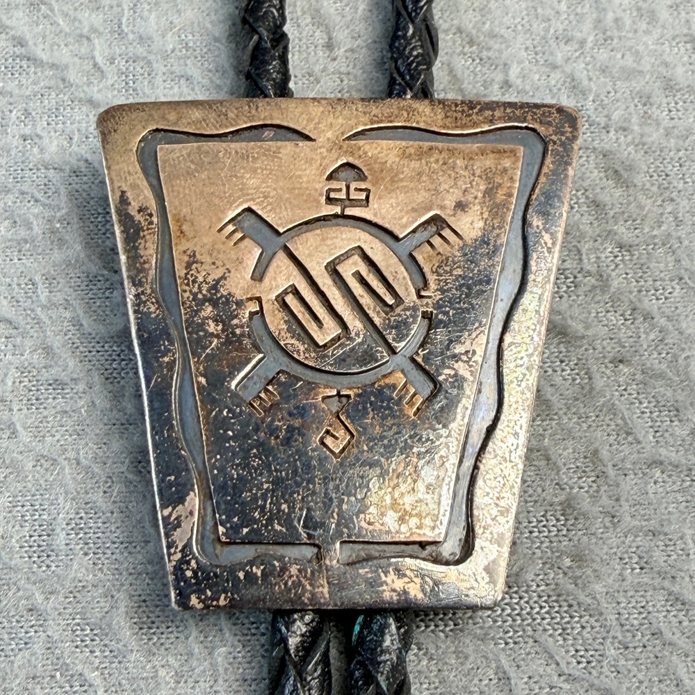 Vintage Hopi Sterling Silver Overlay Turtle Bolo Tie Braided Black Leather Tie